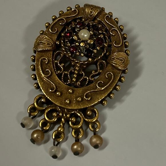 Vintage 70s Signed Pauline Rader Brass Faux Pearl  2” x 1.25” Brooch / Pendant - Picture 2 of 10